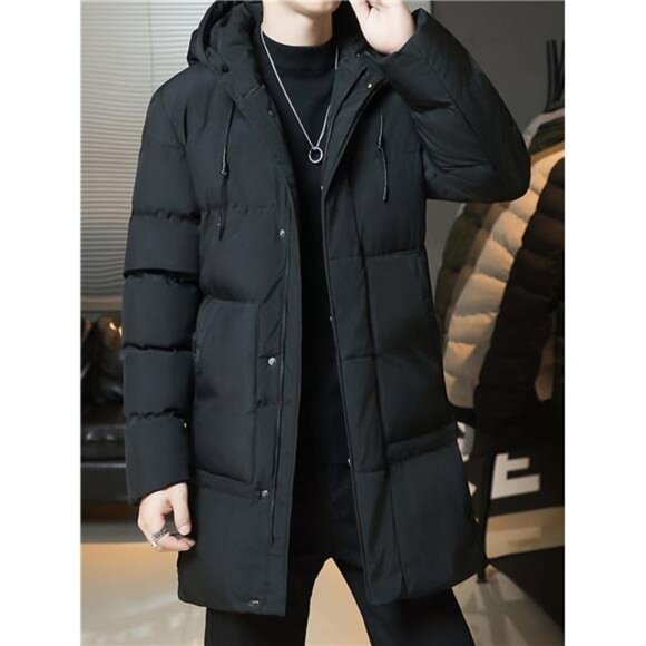 New Other - Men's Sleek Black Longline Hooded Puffer Coat - Brand New